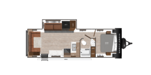 Floor plan of a compact RV interior featuring a living area with a sofa, a small kitchen with a stove and sink, a bathroom with a shower, and a sleeping area with a bed. An awning is shown on the exterior side.