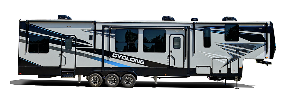 Heartland Cyclone luxury fifth-wheel toy hauler with bold exterior graphics and a modern design.