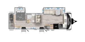 Top-down floor plan of a travel trailer showing a bedroom with queen bed, closet, and dresser, a bathroom with shower, a kitchen with sink, pantry, and fridge, a dining area, and a living room with sofa and entertainment center.