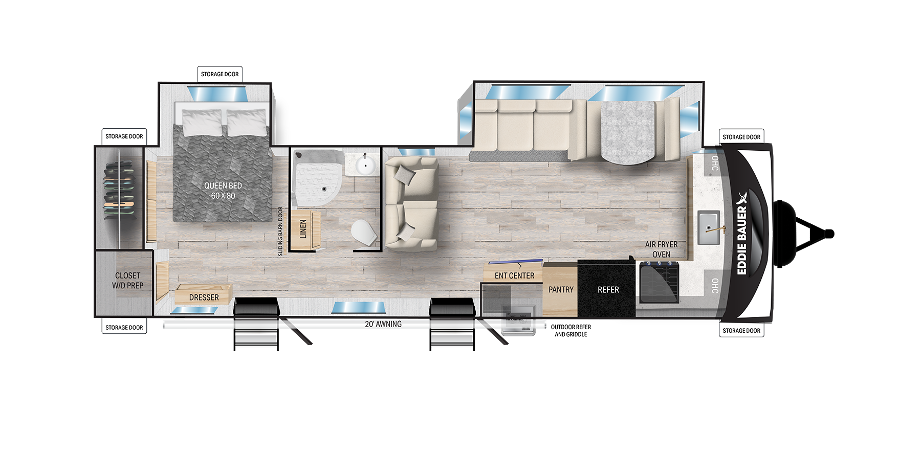Top-down floor plan of a travel trailer showing a bedroom with queen bed, closet, and dresser, a bathroom with shower, a kitchen with sink, pantry, and fridge, a dining area, and a living room with sofa and entertainment center.