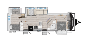 Floor plan of a travel trailer with bunk beds, pantry, and bathroom on the left; kitchen and seating area in the center; and queen bed, dresser, and closets on the right. Storage zones and an awning are also indicated.