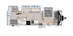 Floor plan of a travel trailer labeled “Eddie Bauer X,” featuring a bunk bed, queen bed, sofa, dinette, kitchen, bathroom, pantry, dresser, closet, 20 awning, and outdoor kitchen.