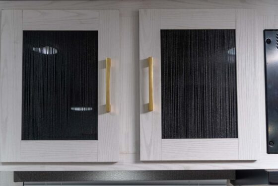 Two light-colored wooden cabinet doors with vertical black textured glass panels and gold handles, mounted on a wall.