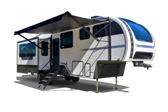 Front and side view of the Heartland Corterra fifth-wheel RV with slide-outs extended, showcasing its spacious exterior and sleek design.