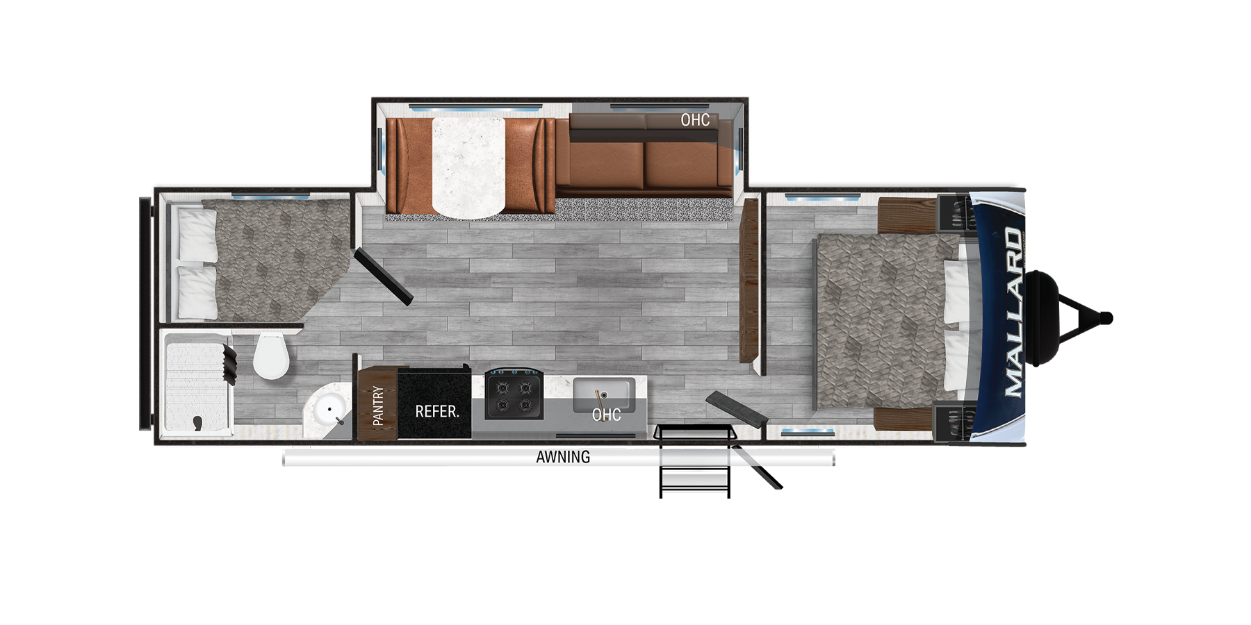 Overhead view of a travel trailer floor plan featuring a queen bed, bunk beds, bathroom, kitchen with sink and stove, refrigerator, sofa, dinette, overhead cabinets, and an exterior awning.