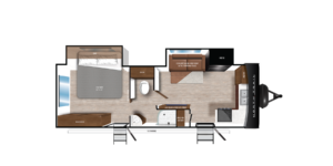 Floor plan of a camper trailer featuring a bedroom with a queen bed and wardrobe, a bathroom with a shower and toilet, a kitchen area with a fridge and stove, and a combined dining and living space with a convertible seating and a TV location.