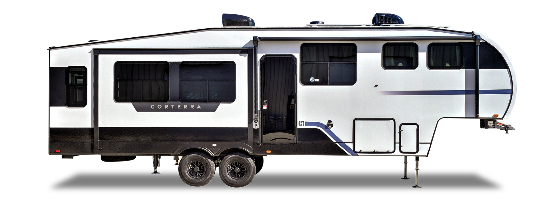Front three-quarter view of a Heartland Corterra fifth-wheel RV with a sleek exterior design and modern graphics.