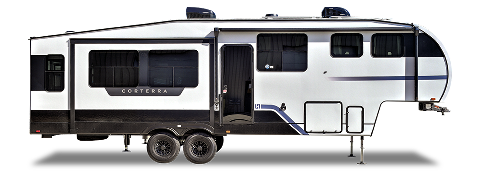 Front three-quarter view of a Heartland Corterra fifth-wheel RV with a sleek exterior design and modern graphics.