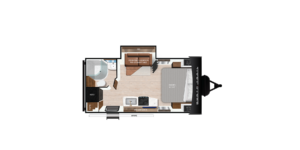 Top-down view of a compact camper layout featuring a cozy bed, a kitchenette, a small dining area, and a compact bathroom. The space is efficiently designed for functionality and comfort, with storage cabinets and essential amenities.