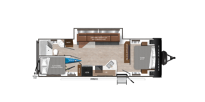 Floor plan of a trailer featuring a convertible sleeper sofa, murphy bed, dinette, kitchen with sink and stove, refrigerator, pantry, bathroom with shower and toilet, and exterior storage. Entry door is next to the awning area.