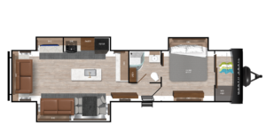 Floor plan of an RV showing a living area with two sofas, a dining table, a kitchen with appliances, a bathroom with shower and toilet, and a bedroom with a large bed, closet, and dresser.