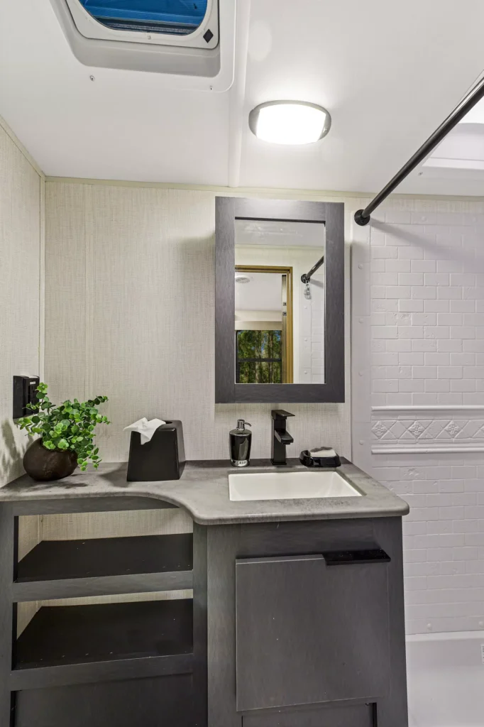 Modern RV bathroom with a gray vanity, white sink, black faucet, tissue box, potted plant, mirror, and part of a white tiled shower with a patterned accent visible. Ceiling light and shower rod are overhead.
