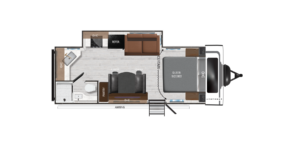 Top-down floor plan of a compact camper van showing a queen-size bed, sofa, kitchen with stove and fridge, bathroom with shower and toilet, pantry, entry door, and an exterior awning.