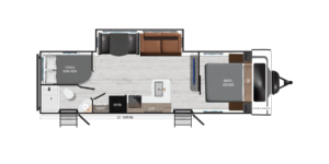 Floor plan of a travel trailer showing sections for a queen bed, double bunk beds, bathroom, kitchen with sink and pantry, dinette, refrigerator, sofa, and dual entry/exit doors.