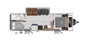 Floor plan of a travel trailer featuring a queen bed, double bunk beds, a sofa, a dinette, bathroom, kitchen area with sink and stove, refrigerator, and an outside kitchen under an awning.