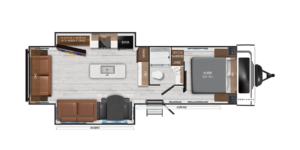 Floor plan of an RV featuring a queen-size bed, dresser, sofa, dinette, kitchen with refrigerator and pantry, TV/fireplace, bathroom, and two awning sections outside.