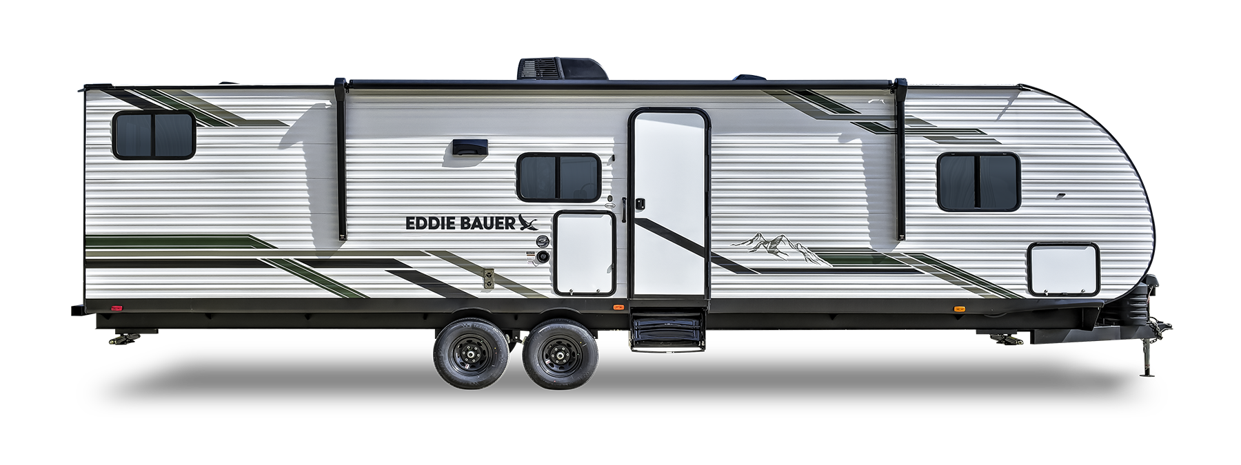 A white Eddie Bauer travel trailer with green and black stripes, two axles, several windows, and a door on the side, parked on a plain white background.