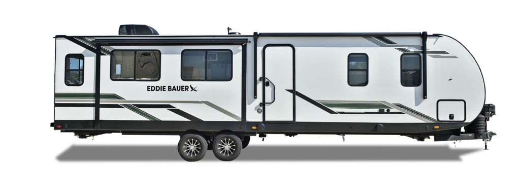 A sleek and modern RV exterior featuring bold lines, large windows, and an aerodynamic front cap, showcasing its stylish and durable design.
