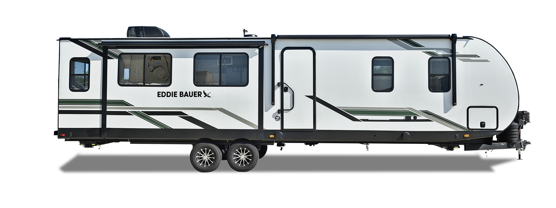 A sleek and modern RV exterior featuring bold lines, large windows, and an aerodynamic front cap, showcasing its stylish and durable design.