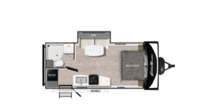 Floor plan of a compact travel trailer featuring a queen bed, dinette, bathroom with shower and toilet, kitchen with a sink and stove, refrigerator, and an exterior awning.