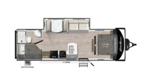 Floor plan of a travel trailer featuring a queen bed, sofa, dinette, kitchen with pantry and refrigerator, bathroom with shower, and an outdoor kitchen under a 14 awning.