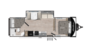Floor plan of a travel trailer with a queen bed on the right, bunk beds and bathroom on the left, kitchen and pantry in the center, and an awning and entry steps outside the main door.