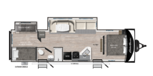 Floor plan layout of a travel trailer RV featuring a queen bed, bunk beds, kitchen with sink and stove, bathroom, pantry, refrigerator, sofa, dinette, TV prep area, and a 14-foot awning.