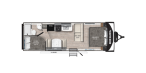 Floor plan of an RV featuring a bathroom and double bunk beds on the left, kitchen and dinette in the center, sofa, and a bedroom with a queen bed on the right; entrance is in the middle.
