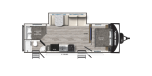 Top-down floor plan of a travel trailer featuring a double bunk bed, bathroom, kitchen, dinette, sofa, and a queen bed. The entry door and awning are on the right side. Eddie Bauer logo on the front end.