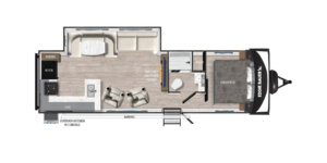 Floor plan of an RV with entry door, living area with sofa and recliners, kitchen with pantry and fridge, bathroom, and a bedroom featuring a queen bed. The awning runs along the exterior side.
