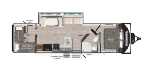 Top-down floor plan of an Eddie Bauer RV showing a queen bed, bathroom with shower, kitchen area with sink, stove, fridge, sofa, dinette, TV/fireplace, and flip-up bunk beds.