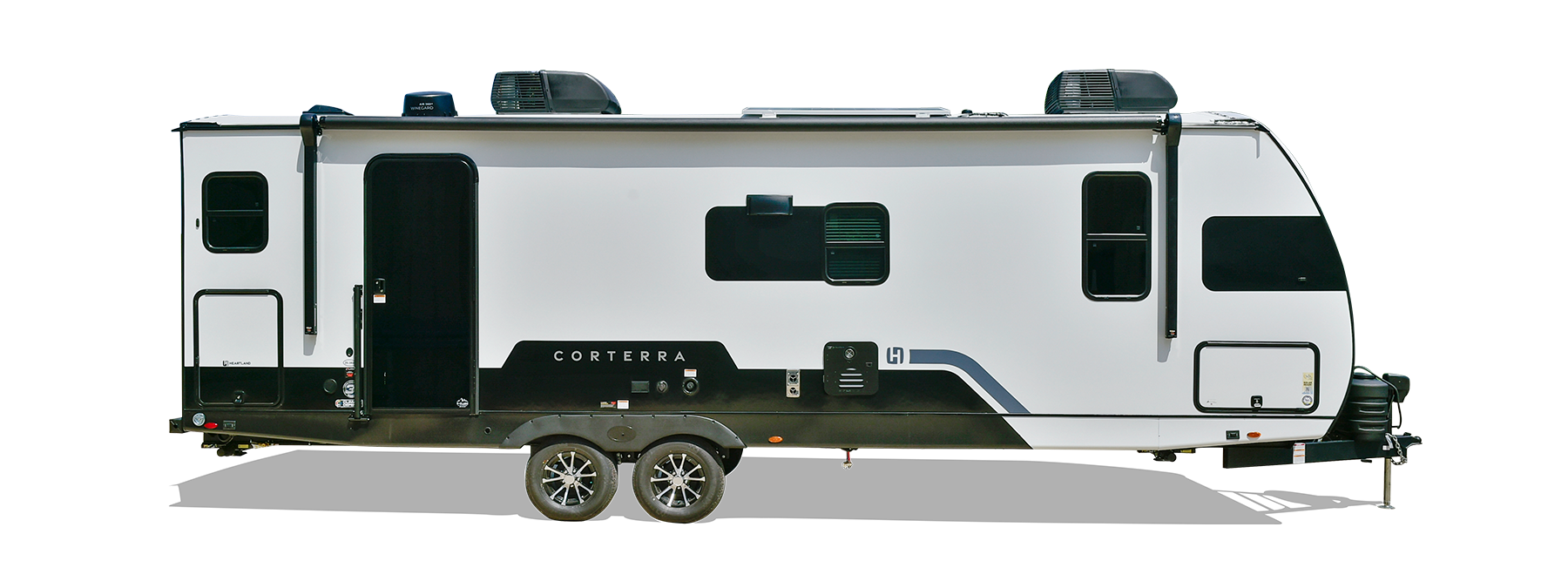 Exterior view of a Heartland RV with a sleek design, large windows, and modern features.