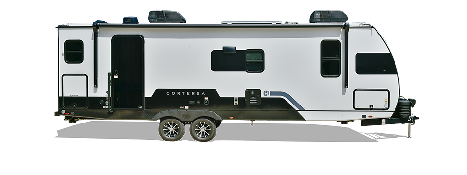 Exterior view of a Heartland RV with a sleek design, large windows, and modern features.
