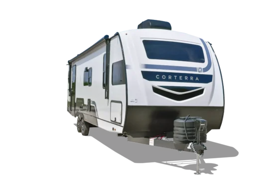 Exterior of the 2024 Heartland Corterra Travel Trailer, featuring a sleek design with modern graphics, large windows, and a spacious awning.