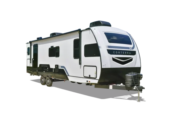 Exterior of the 2024 Heartland Corterra Travel Trailer, showcasing its modern design, large windows, and sleek profile.