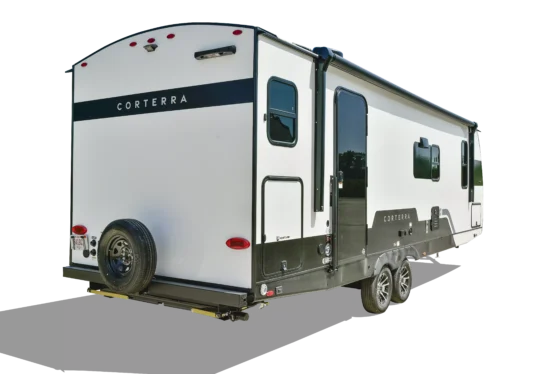 Exterior view of the 2024 Heartland Corterra Travel Trailer, featuring a sleek design, large windows, and a spacious awning for outdoor living.