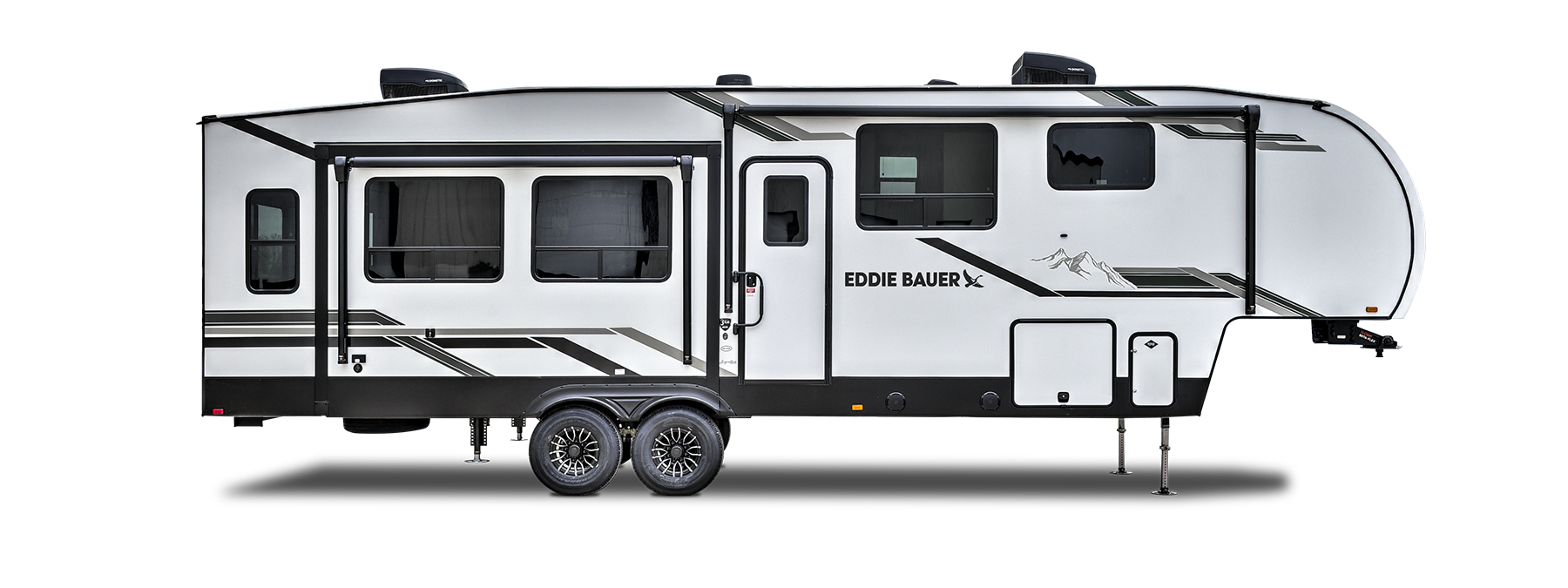 Eddie Bauer Edition Heartland Bighorn fifth wheel RV on a white background.