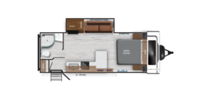 Floor plan of an RV featuring a queen-size bed, dinette, sofa, kitchen with refrigerator and pantry, bathroom with shower and toilet, and an entry door with a 14 awning outside.