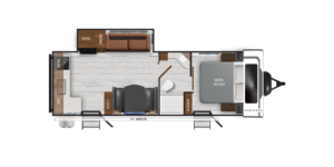 Floor plan layout of a travel trailer showing a queen size bed, dinette, kitchen area with refrigerator and pantry, sofa, two ottomans, and a bathroom; entry is under a 14 awning.