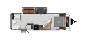 Top-down floor plan of an RV featuring a queen-size bed, sofa, dining area, kitchen with refrigerator and sink, bathroom with shower, and a 20-foot awning along the side.