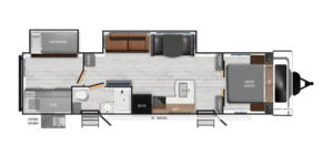 Floor plan of a travel trailer showing a queen bed, sofa, dinette, bunk beds, flip-up bunk, bathroom with shower, kitchen area with sink, stove, fridge, and pantry, plus a 20 awning on the exterior.