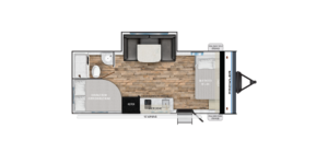 The image shows the floor plan of the 2024 Pioneer PR-19BHX travel trailer. This family-friendly layout includes a front queen bed and rear bunk beds, providing comfortable sleeping arrangements for up to five people. The central living area features a dinette that can convert into additional sleeping space, while the compact kitchen comes with a two-burner cooktop, sink, refrigerator, and storage for essentials. A rear bathroom with a shower and toilet offers convenience. This lightweight, easy-to-tow trailer is designed for families looking for adventure on the road.