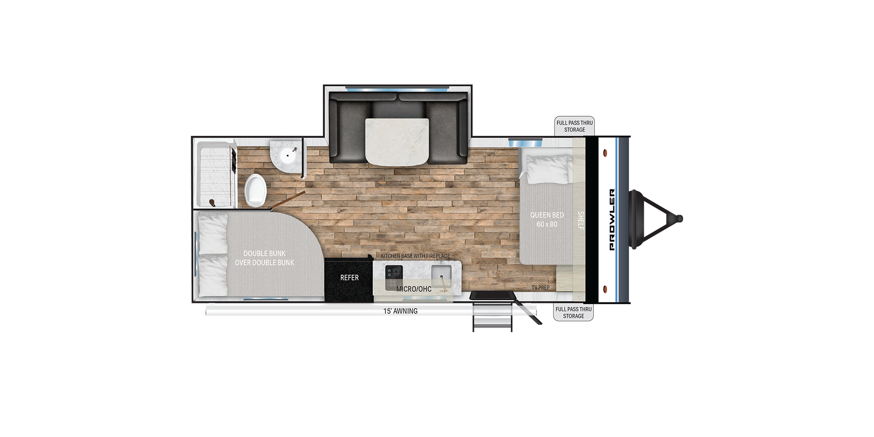 The image shows the floor plan of the 2024 Pioneer PR-19BHX travel trailer. This family-friendly layout includes a front queen bed and rear bunk beds, providing comfortable sleeping arrangements for up to five people. The central living area features a dinette that can convert into additional sleeping space, while the compact kitchen comes with a two-burner cooktop, sink, refrigerator, and storage for essentials. A rear bathroom with a shower and toilet offers convenience. This lightweight, easy-to-tow trailer is designed for families looking for adventure on the road.