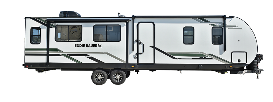 A sleek and modern RV exterior featuring bold lines, large windows, and an aerodynamic front cap, showcasing its stylish and durable design.