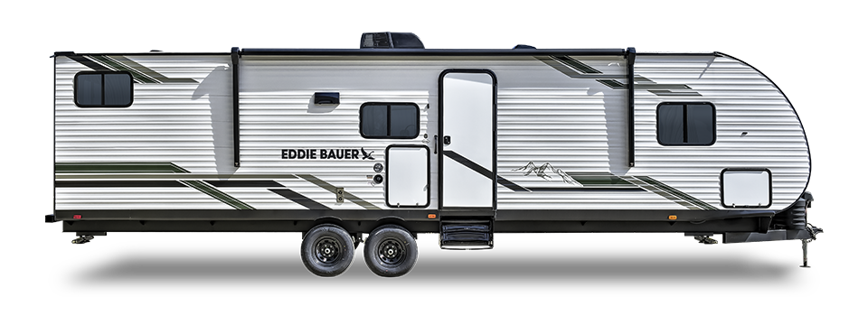 A white Eddie Bauer Recreational Vehicles travel trailer with green and black striped accents, two axles, a side door, multiple windows, and mountain graphics is viewed from the side.