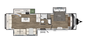 Floor plan of a travel trailer showing a living area with theater seating, a kitchen with island, hidden pantry, bathroom with shower, bedroom with king bed, dresser, closet, and an exterior awning.