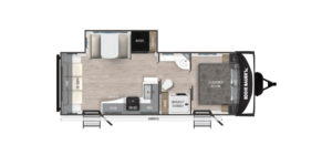 Floor plan of a travel trailer with queen bed, skylight shower, sofa with table, kitchen area with sink, stove, TV, fridge, and pantry, plus entry door and awning along one side.