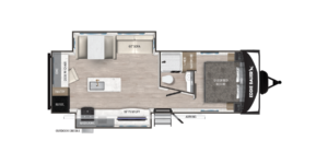 Floor plan of a travel trailer featuring a bedroom with a queen bed, bathroom with shower, kitchen area with stove and sink, pantry, refrigerator, microwave, dinette, sofa, and entry door with an awning outside.