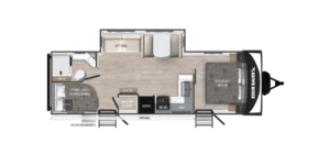 Floor plan of an Eddie Bauer RV trailer showing a queen bed, double bunks, sofa, dinette, kitchen area with fridge and microwave, bathroom with shower, and entry door with awning.