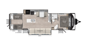 Floor plan of an Eddie Bauer RV trailer showing a queen bed, sofa, bunk beds, kitchen with sink and microwave, fireplace, dinette, bathroom with shower, dual entry doors, and multiple awnings.